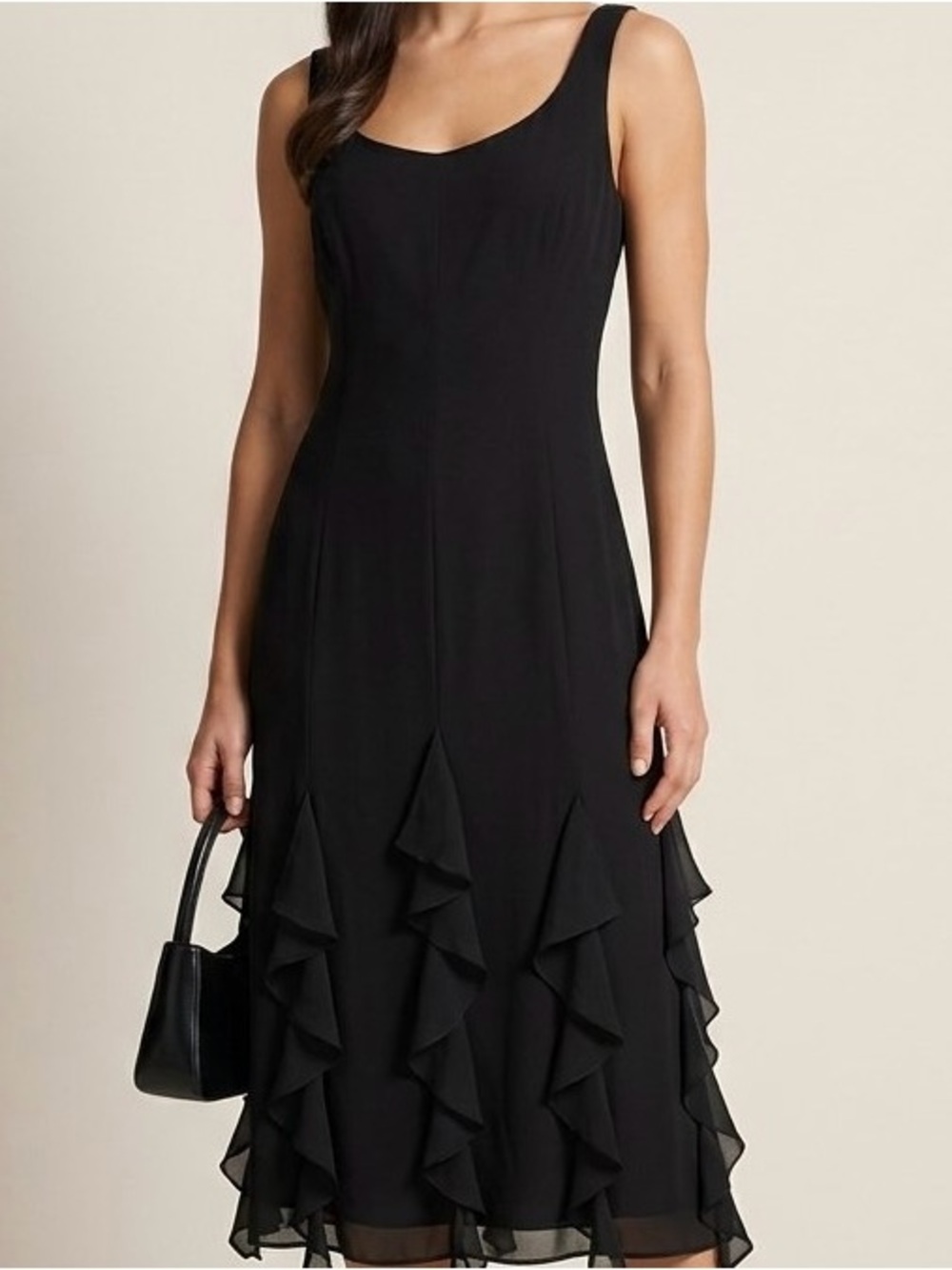 Donna Morgan Y2K 90’s Black Sleeveless Midi Dress with Tiered Ruffles